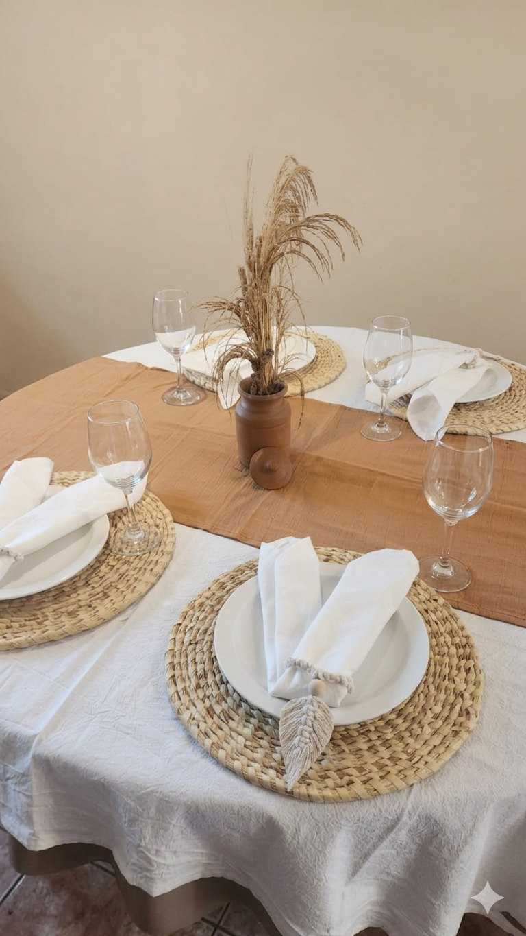 Set de mesa blanco elegante con mantel, camino y servilletas